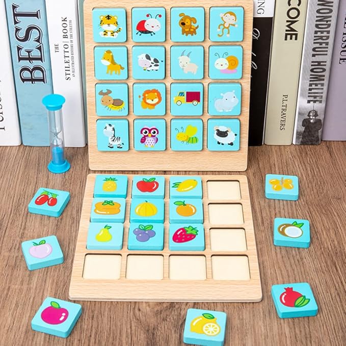 Wooden Memory Card Game for Kids | Animal & Fruit Matching Puzzle